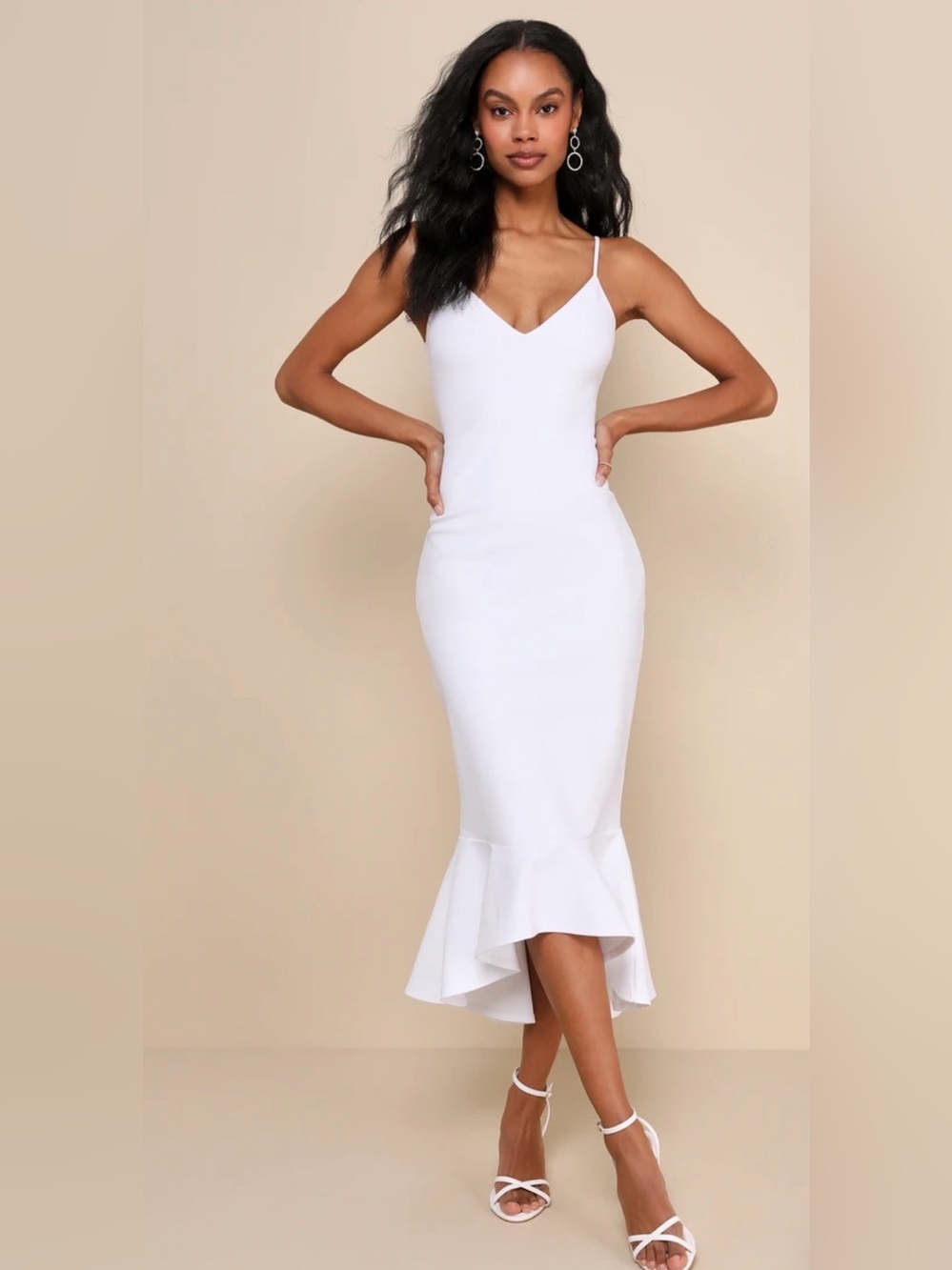 Lulu's White Spaghetti Strap Mermaid Hem Midi Dress